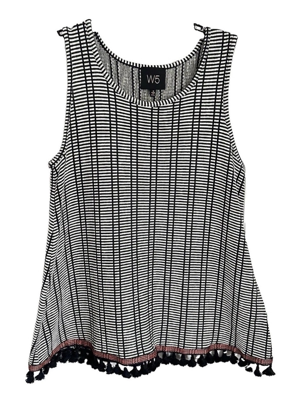 W5 Anthropologie Textured Black White Womens S Top Tassle Fringe Boho Vacation
